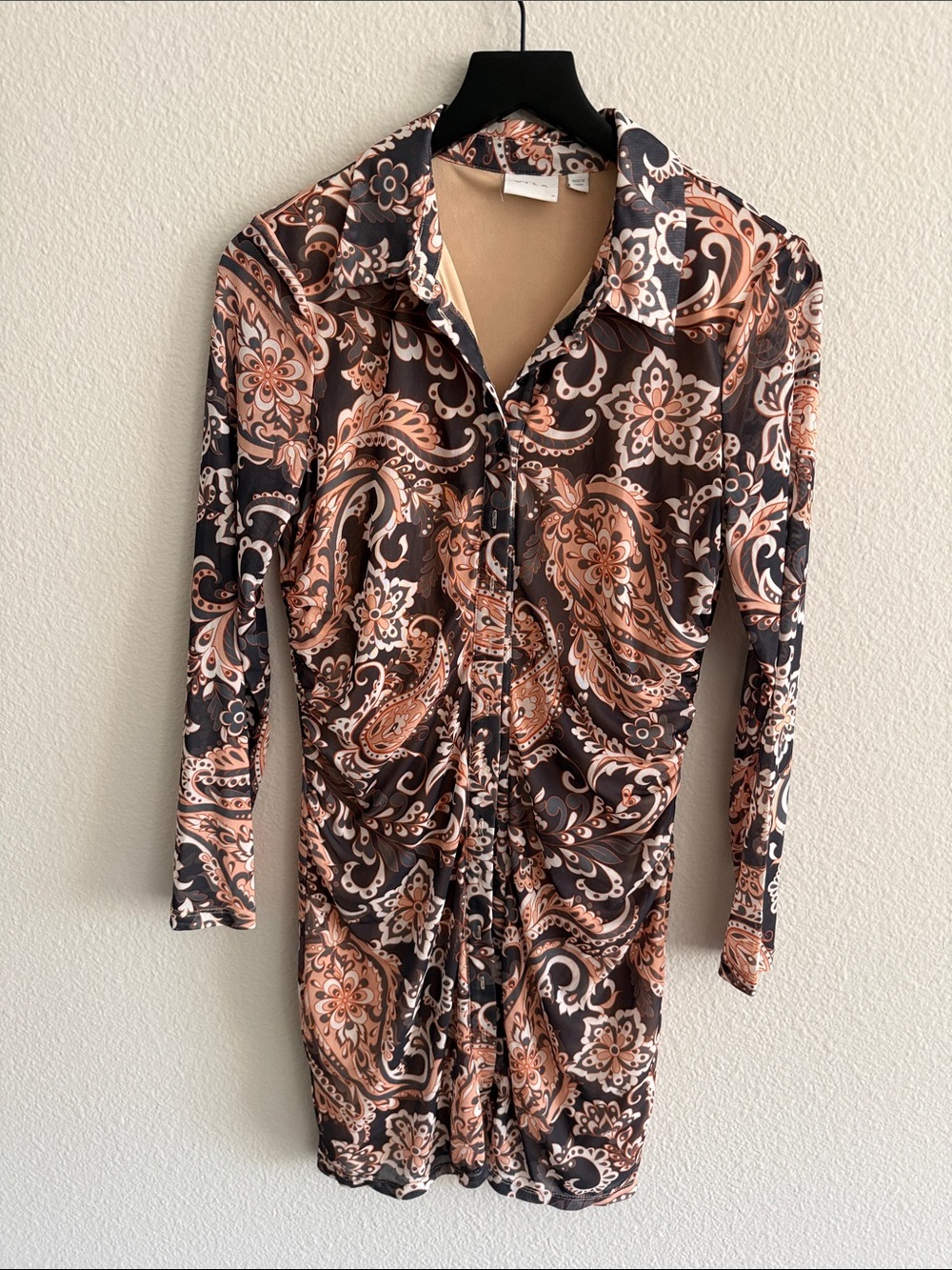 VILA Brown Peach Paisley Ruched Long Sleeve Dress M